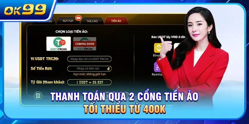 Thanh toán qua 2 cổng tiền ảo tối thiểu từ 400K